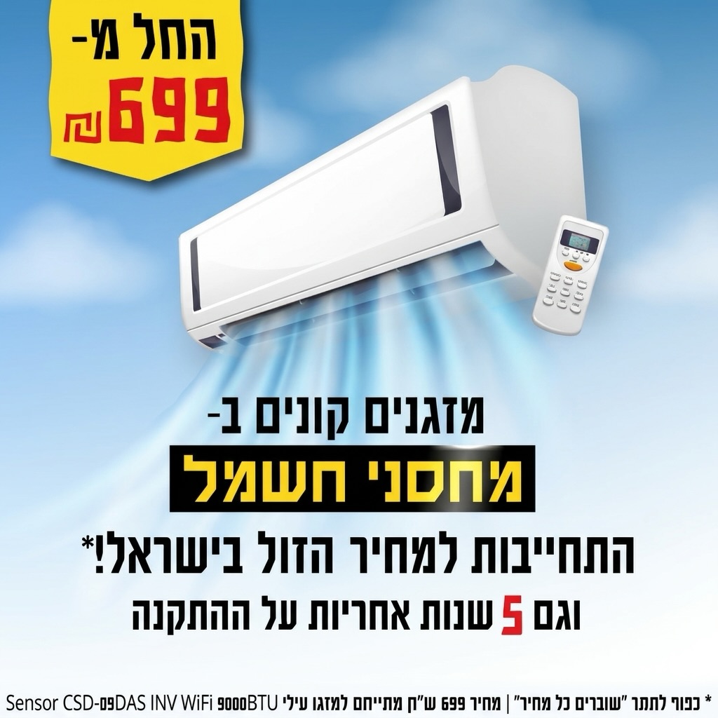 החום עולה🌡️והמחיר יורד! ❄️ 
מזגנים קונים במחסני חשמל! החל מ-699 ₪ בלבד! 🤩
רוצו עכשיו לחנות לפני שייגמר! ⚠️

בתוקף עד ה- 30.6.26 ו/או עד גמר המלאי | לפחות 10 יחידות במכירה | מחיר 699 ₪ מתייחס למזגן עילי Sensor CSD-09DAS INV WiFi 9000BTU.

#אילת #שופינג #קניון #אייסמול #מחסניחשמל